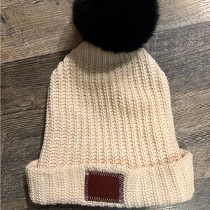 Women’s Love Your Melon Cream Colored Stocking Cap With Pom Black 100% Cotton